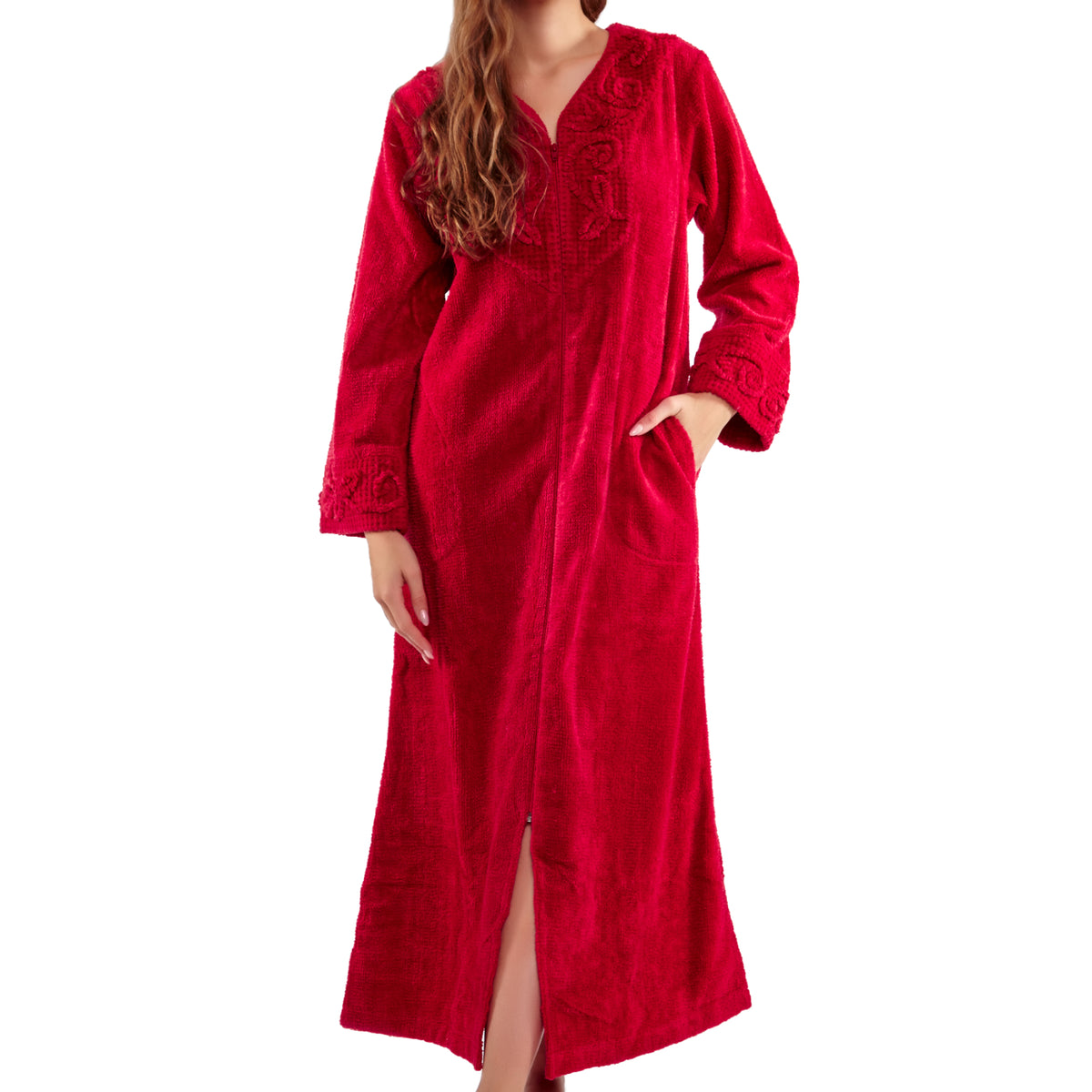 100% Cotton Chenille Rose Embroidered Yoke Full-Length Zipper Robe ...